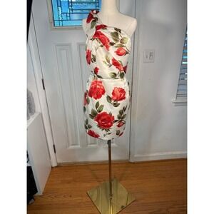 ALEXIA ADMOR  One Shoulder Rose Print Satin Cocktail Dress White Red Bow M